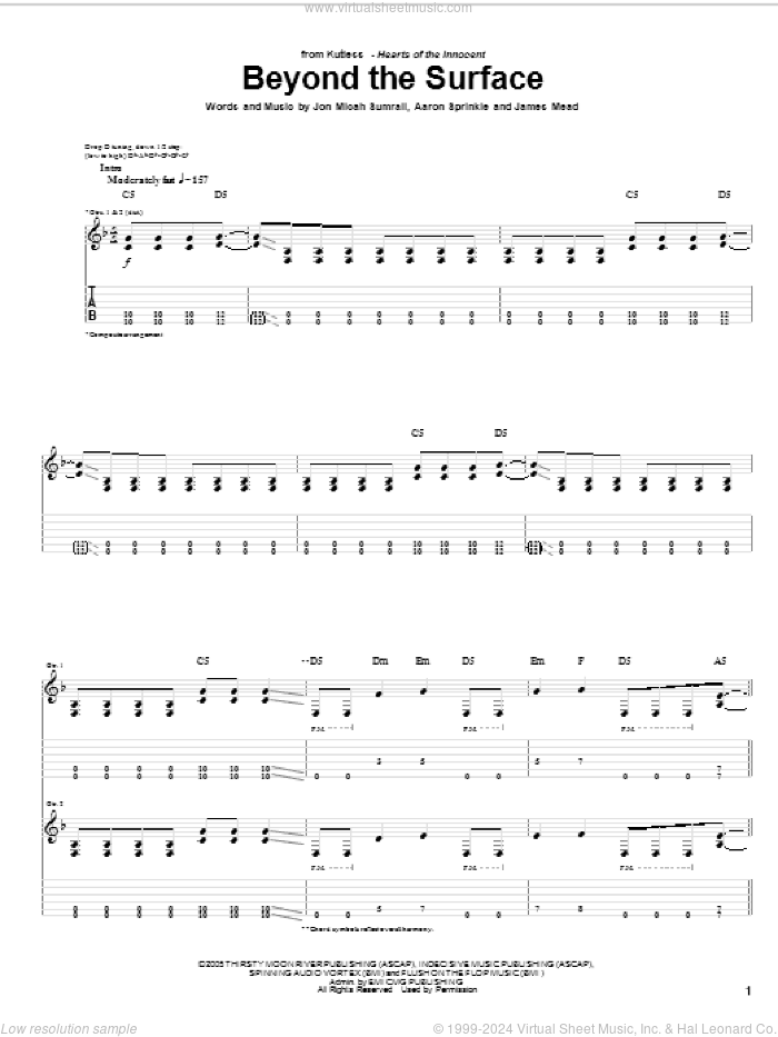 Beyond The Surface sheet music for guitar (tablature) by Kutless, Aaron Sprinkle, James Mead and Jon Micah Sumrall, intermediate skill level