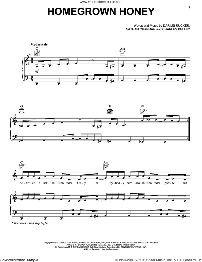 Homegrown Honey sheet music for voice, piano or guitar by Darius Rucker, Charles Kelley and Nathan Chapman, intermediate skill level