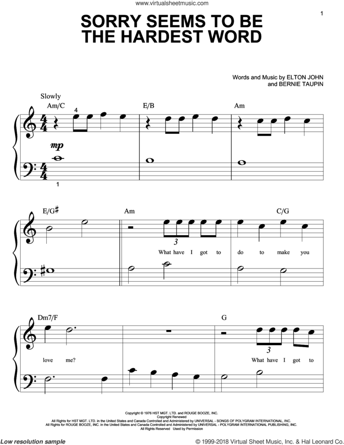Sorry Seems To Be The Hardest Word sheet music for piano solo (big note book) by Elton John and Bernie Taupin, easy piano (big note book)