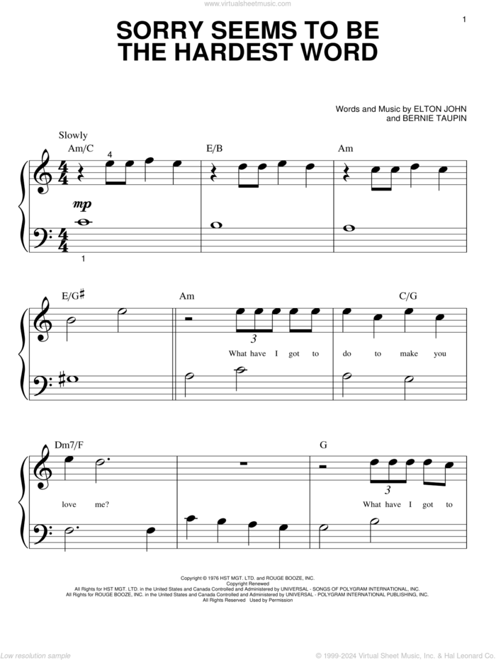 Sorry Seems To Be The Hardest Word sheet music for piano solo (big note book) by Elton John and Bernie Taupin, easy piano (big note book)