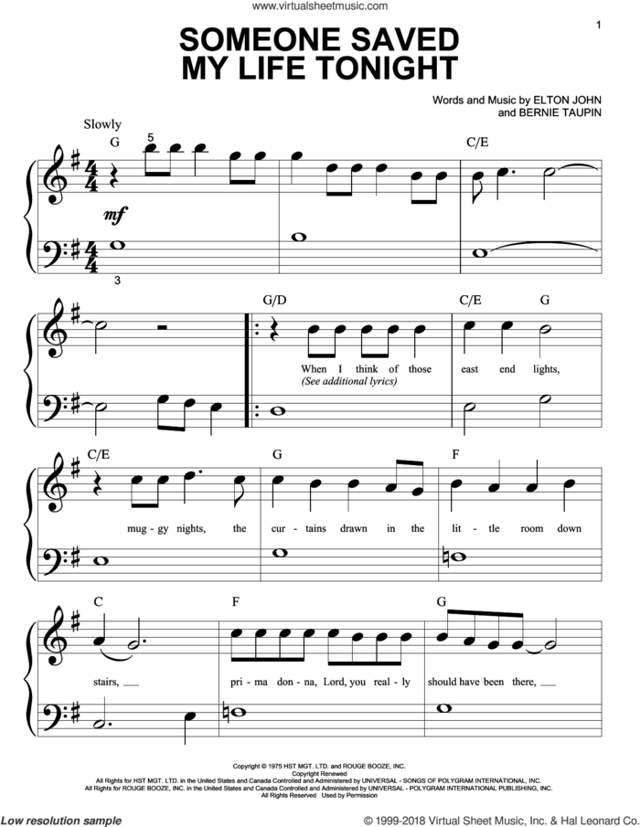 Someone Saved My Life Tonight sheet music for piano solo (big note book) by Elton John and Bernie Taupin, easy piano (big note book)