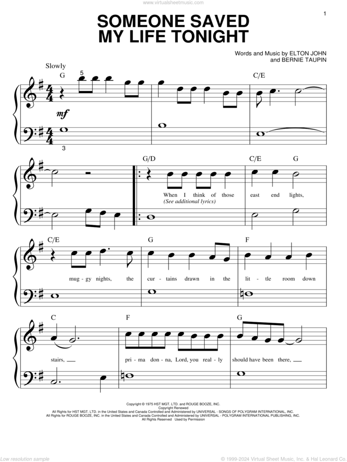 Someone Saved My Life Tonight sheet music for piano solo (big note book) by Elton John and Bernie Taupin, easy piano (big note book)