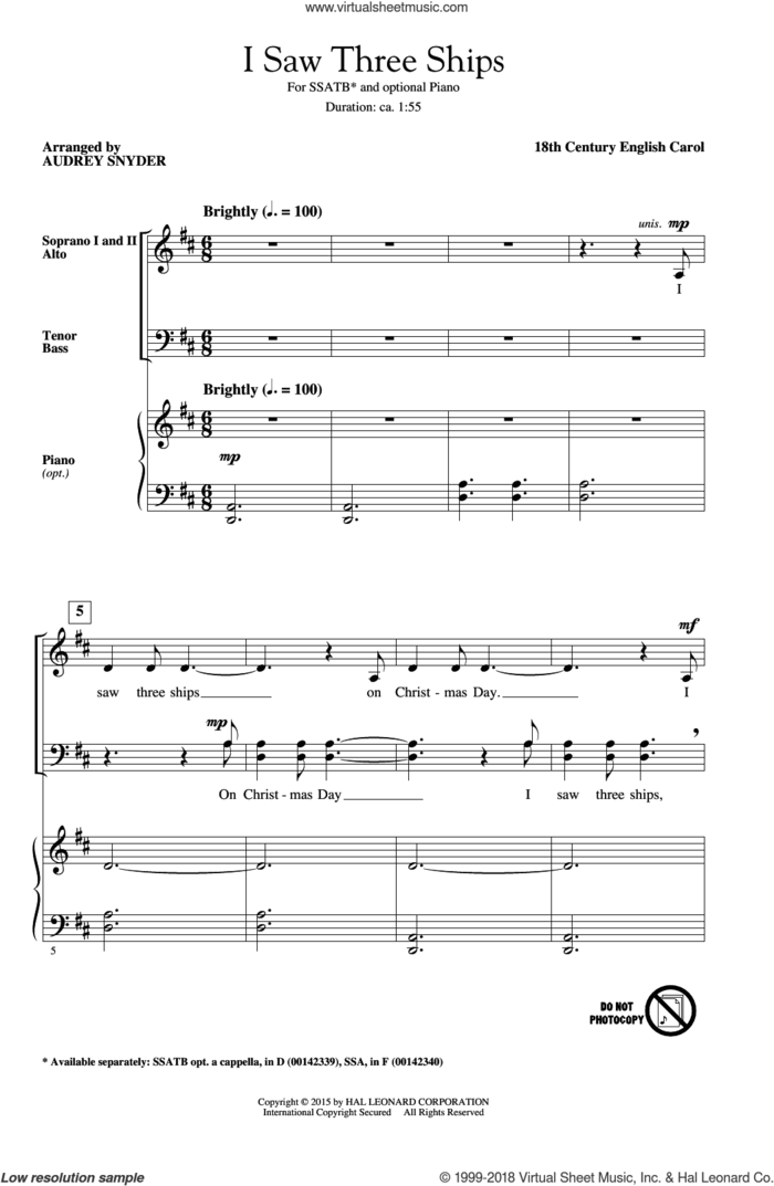 I Saw Three Ships sheet music for choir (SSATB) by Audrey Snyder, intermediate skill level