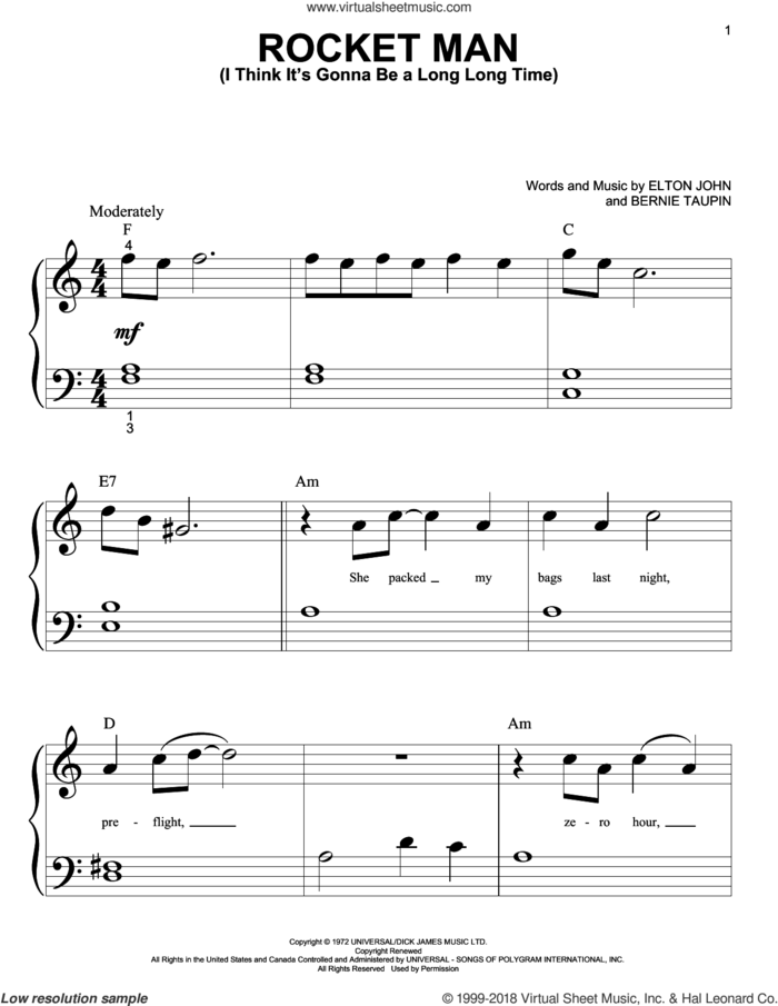 Rocket Man (I Think It's Gonna Be A Long Long Time) sheet music for piano solo (big note book) by Elton John and Bernie Taupin, easy piano (big note book)