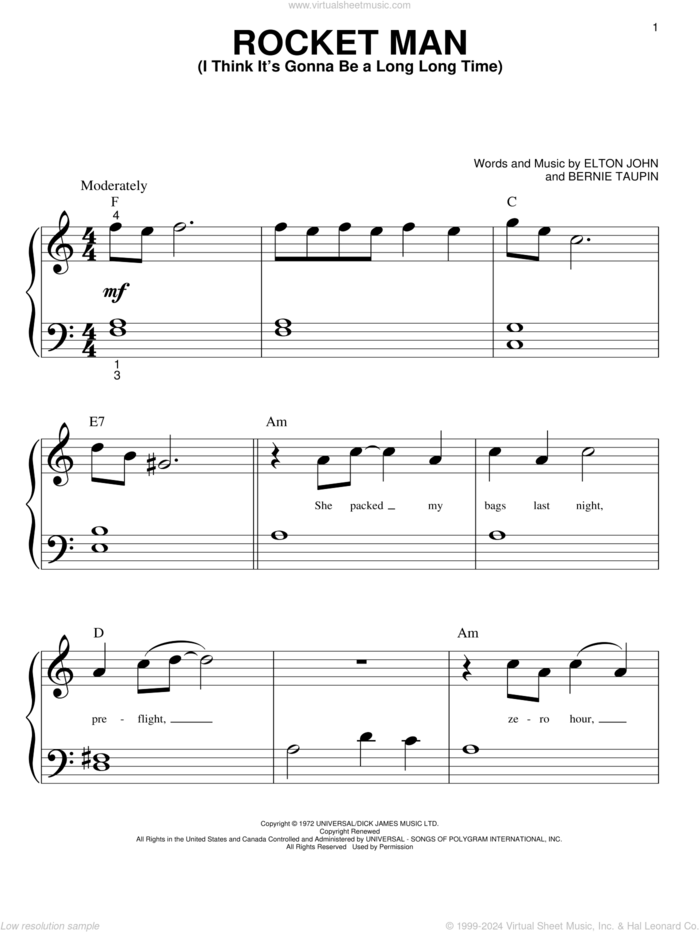 Rocket Man (I Think It's Gonna Be A Long Long Time) sheet music for piano solo (big note book) by Elton John and Bernie Taupin, easy piano (big note book)