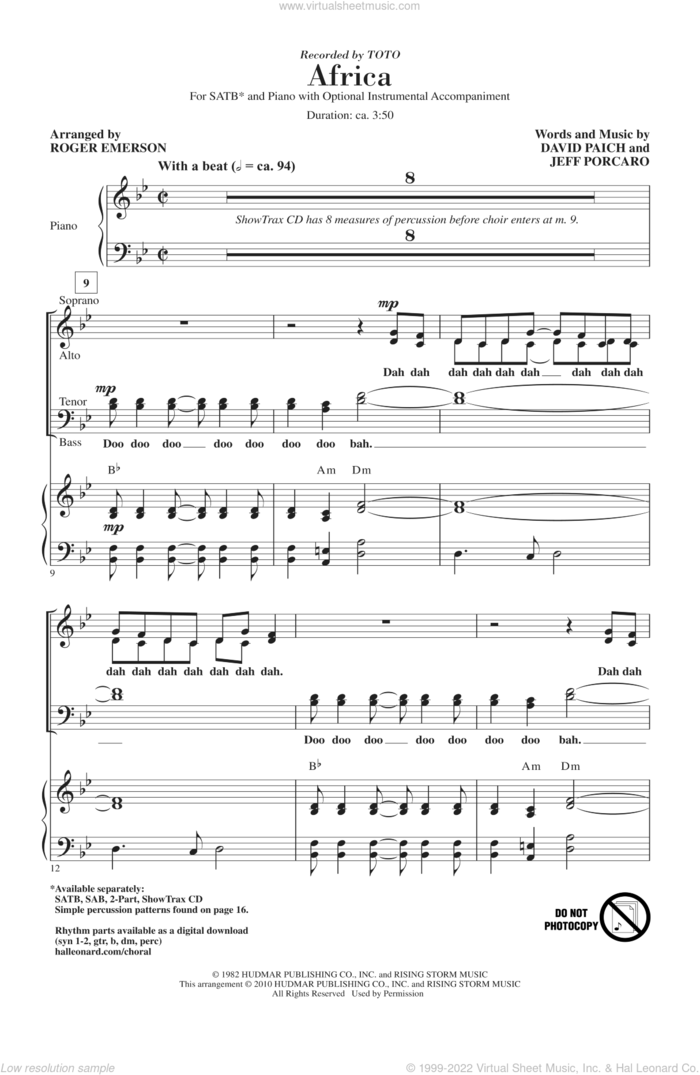 Africa (arr. Roger Emerson) sheet music for choir (SATB: soprano, alto, tenor, bass) by Roger Emerson, Toto, David Paich and Jeff Porcaro, intermediate skill level