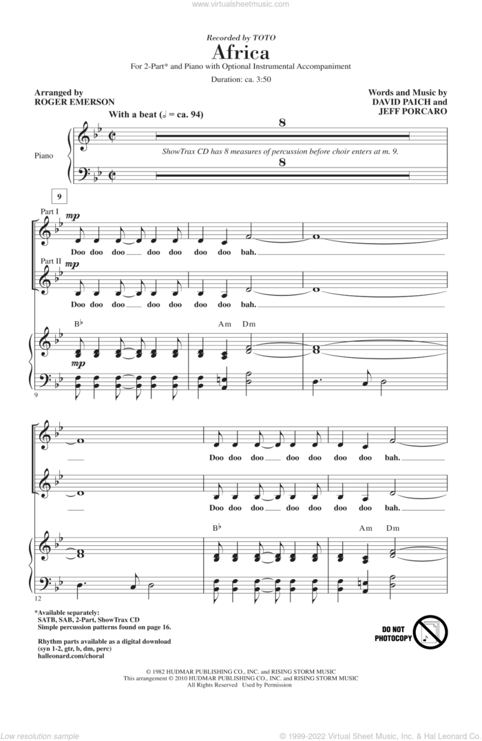 Africa (arr. Roger Emerson) sheet music for choir (2-Part) by Roger Emerson, Toto, David Paich and Jeff Porcaro, intermediate duet