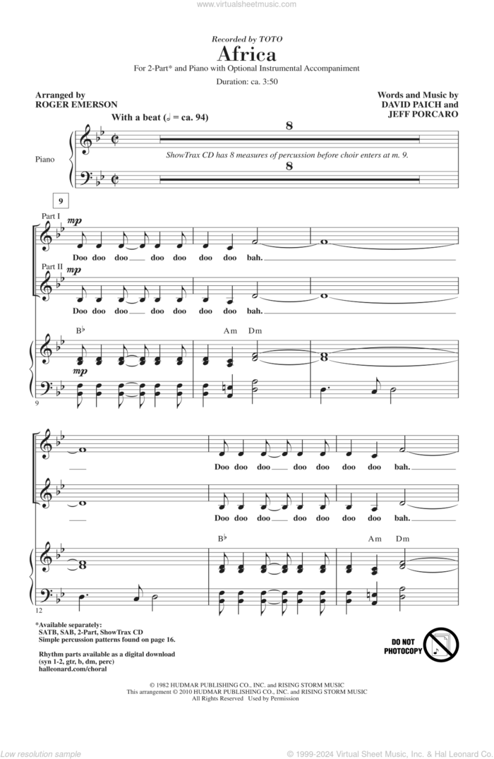 Africa (arr. Roger Emerson) sheet music for choir (2-Part) by Roger Emerson, Toto, David Paich and Jeff Porcaro, intermediate duet