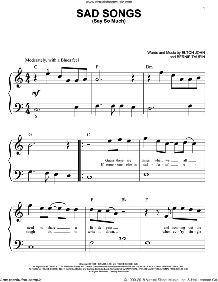 Sad Songs (Say So Much) sheet music for piano solo (big note book) by Elton John and Bernie Taupin, easy piano (big note book)