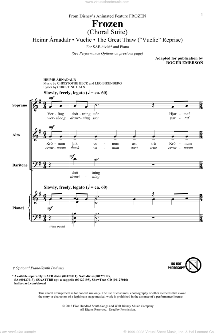 Frozen (Choral Suite) sheet music for choir (SAB: soprano, alto, bass) by Roger Emerson, Christine Hals, Christophe Beck, Frode Fjellheim and Leo Birenberg, intermediate skill level