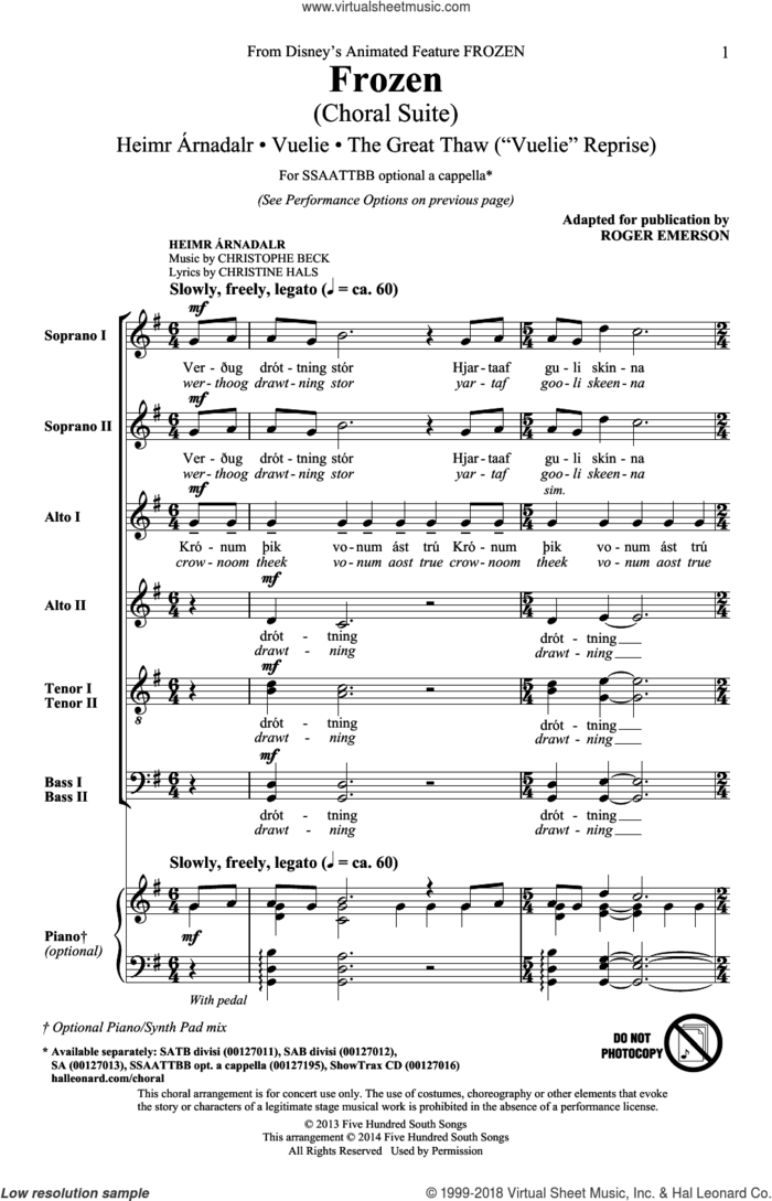 Frozen (Choral Suite) sheet music for choir (SSAATTBB) by Roger Emerson, Christine Hals, Christophe Beck, Frode Fjellheim and Leo Birenberg, intermediate skill level