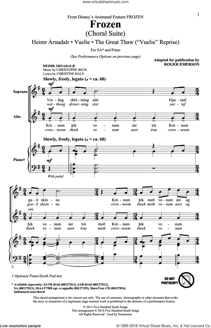 Frozen (Choral Suite) sheet music for choir (2-Part) by Roger Emerson, Christine Hals, Christophe Beck, Frode Fjellheim and Leo Birenberg, intermediate duet