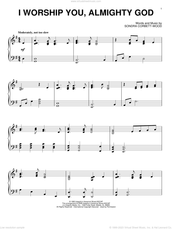 I Worship You, Almighty God, (intermediate) sheet music for piano solo by Sondra Corbett-Wood, intermediate skill level