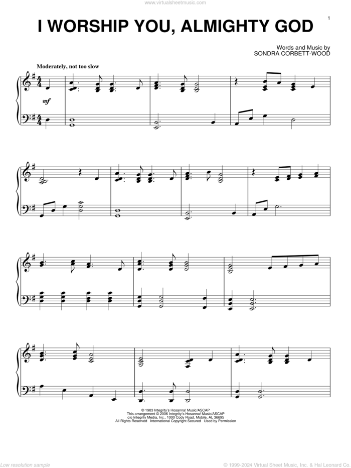 I Worship You, Almighty God, (intermediate) sheet music for piano solo by Sondra Corbett-Wood, intermediate skill level