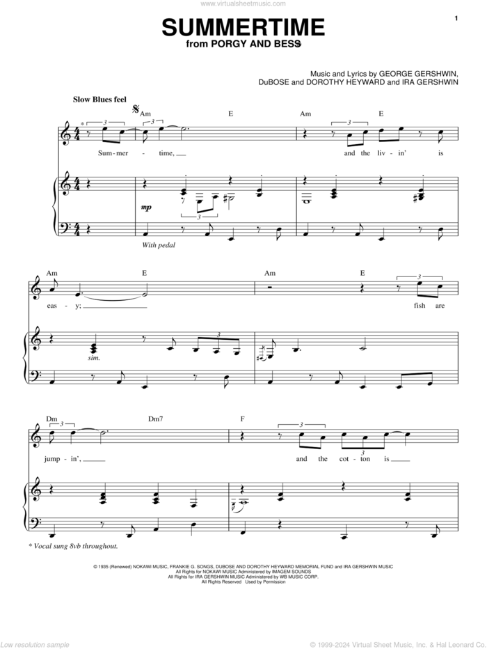 Summertime sheet music for voice and piano by George Gershwin, Dorothy Heyward, DuBose Heyward and Ira Gershwin, intermediate skill level