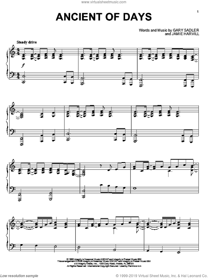 Ancient Of Days, (intermediate) sheet music for piano solo by Ron Kenoly, Petra, Gary Sadler and Jamie Harvill, intermediate skill level
