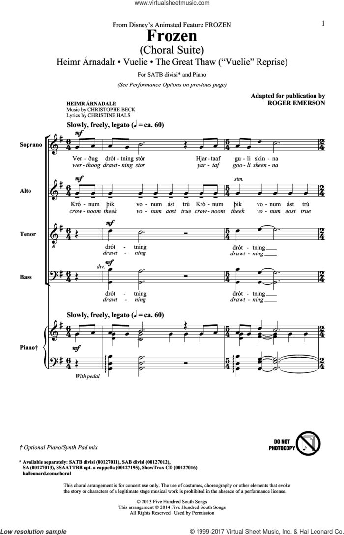 Frozen (Choral Suite) sheet music for choir (SATB: soprano, alto, tenor, bass) by Roger Emerson, Christine Hals, Christophe Beck, Frode Fjellheim and Leo Birenberg, intermediate skill level
