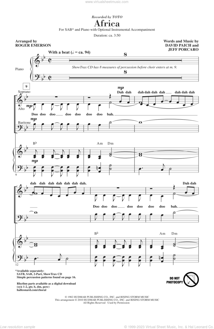 Africa (arr. Roger Emerson) sheet music for choir (SAB: soprano, alto, bass) by Roger Emerson, Toto, David Paich and Jeff Porcaro, intermediate skill level