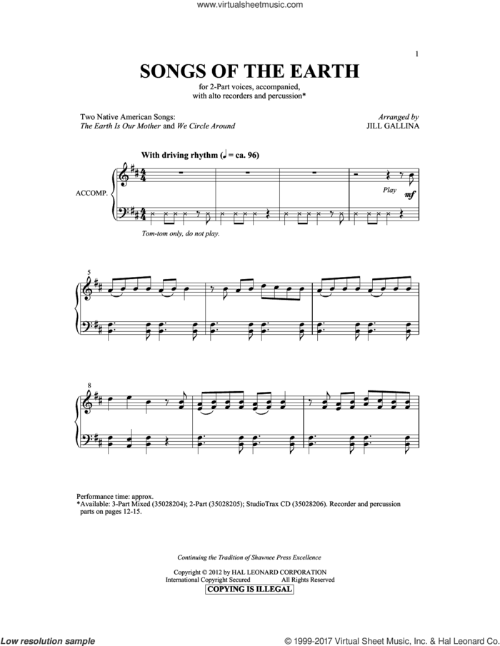 The Earth Is Our Mother sheet music for choir (2-Part) by Jill Gallina and Hopi Indian Chant, intermediate duet