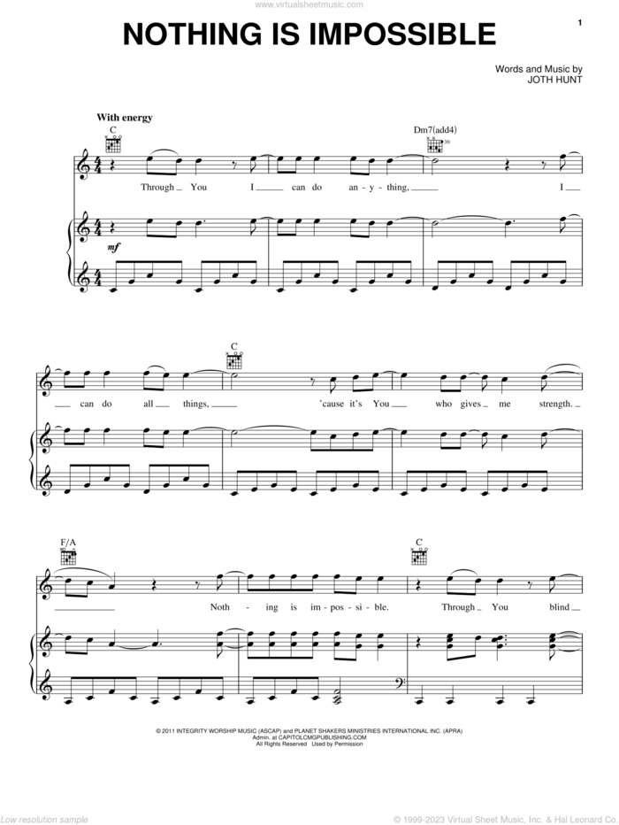 Nothing Is Impossible sheet music for voice, piano or guitar by Planetshakers and Joth Hunt, intermediate skill level