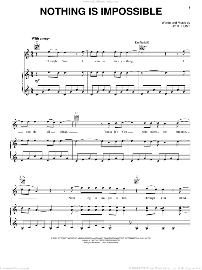 Nothing Is Impossible sheet music for voice, piano or guitar by Planetshakers and Joth Hunt, intermediate skill level