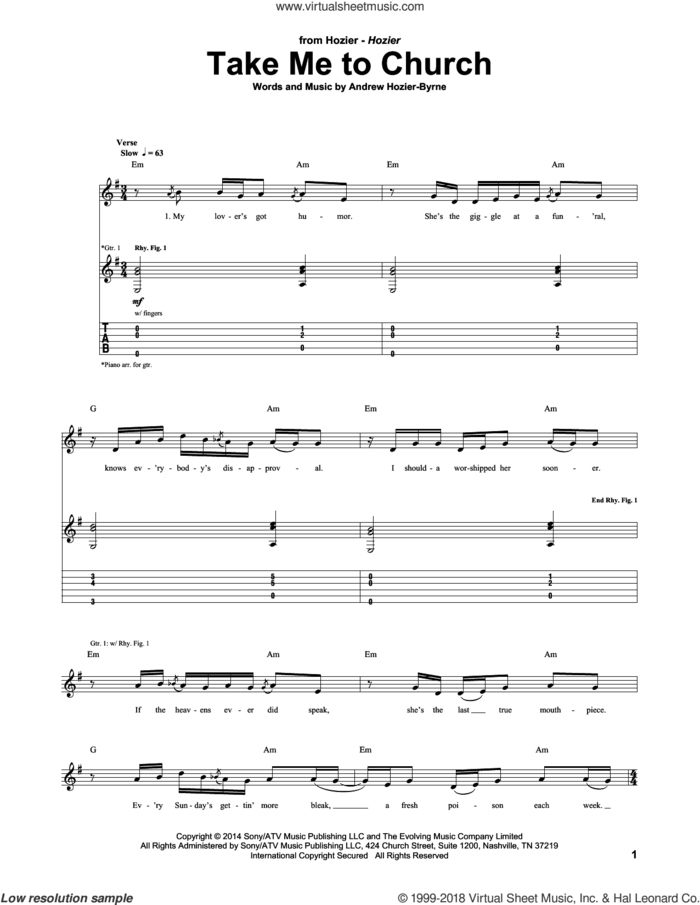 Take Me To Church sheet music for guitar (tablature) by Hozier and Andrew Hozier-Byrne, intermediate skill level