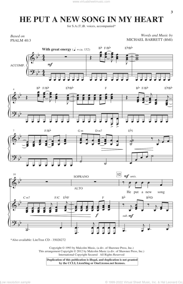 He Put A New Song In My Heart sheet music for choir (SATB: soprano, alto, tenor, bass) by Michael Barrett, intermediate skill level