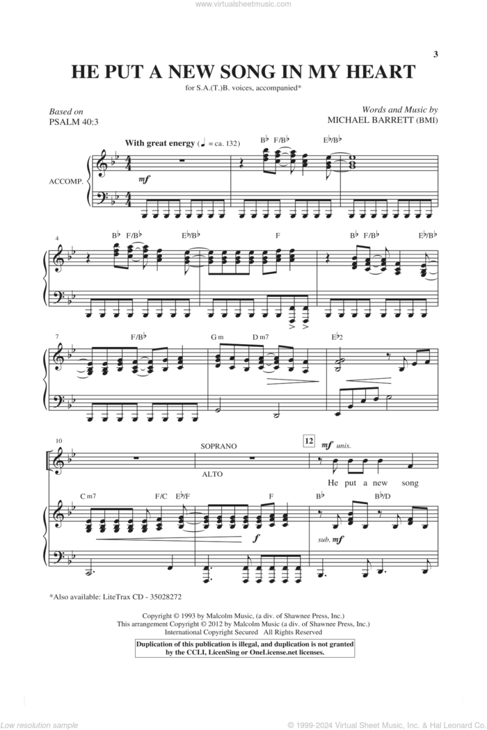 He Put A New Song In My Heart sheet music for choir (SATB: soprano, alto, tenor, bass) by Michael Barrett, intermediate skill level