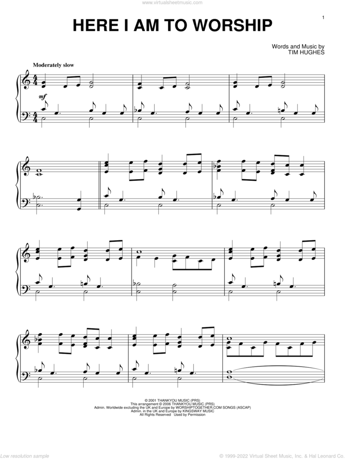 Here I Am To Worship, (intermediate) sheet music for piano solo by Phillips, Craig & Dean and Tim Hughes, intermediate skill level