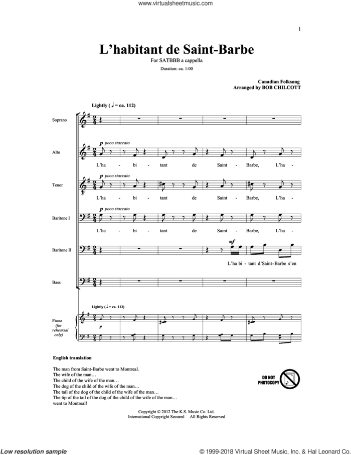 L'Habitant De Saint Barbe sheet music for choir (SATB: soprano, alto, tenor, bass) by The King's Singers and Bob Chilcott, intermediate skill level