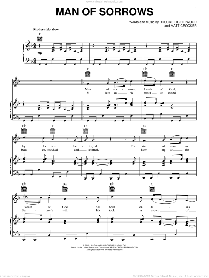 Man Of Sorrows sheet music for voice, piano or guitar by Hillsong Live, Brooke Ligertwood and Matt Crocker, intermediate skill level