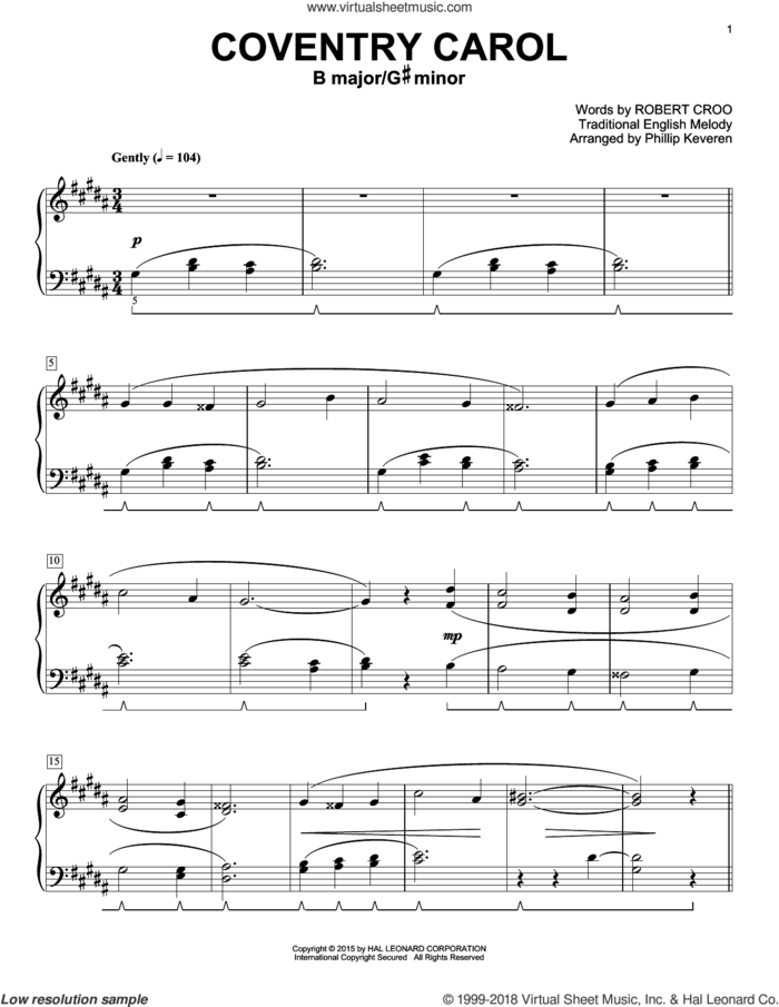 Coventry Carol (arr. Phillip Keveren) sheet music for piano solo by Phillip Keveren, Miscellaneous and Robert Croo, intermediate skill level