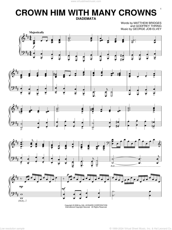 Crown Him With Many Crowns sheet music for piano solo by Matthew Bridges, George Job Elvey and Godfrey Thring, intermediate skill level