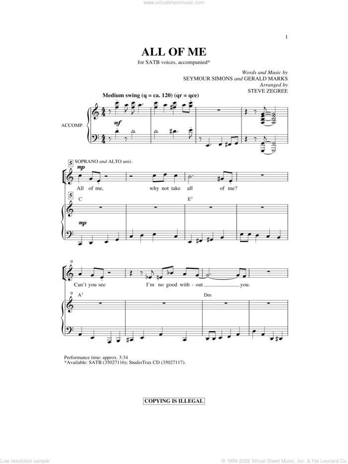 All Of Me sheet music for choir (SATB: soprano, alto, tenor, bass) by Steve Zegree, Gerald Marks and Seymour Simons, intermediate skill level