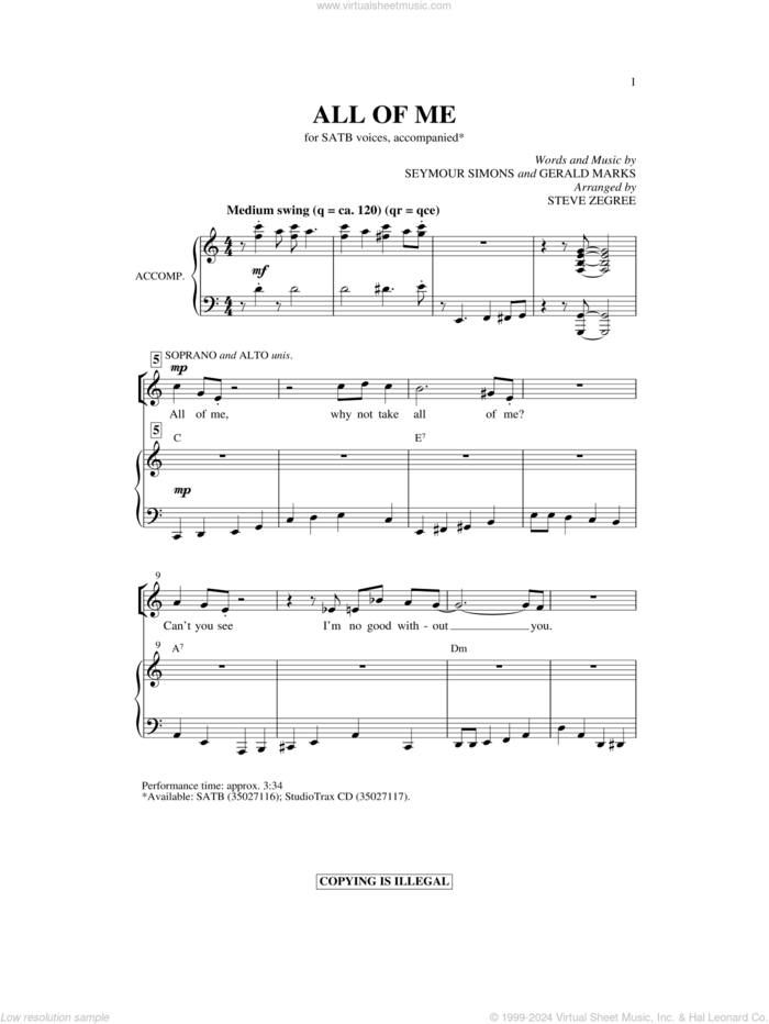 All Of Me sheet music for choir (SATB: soprano, alto, tenor, bass) by Steve Zegree, Gerald Marks and Seymour Simons, intermediate skill level