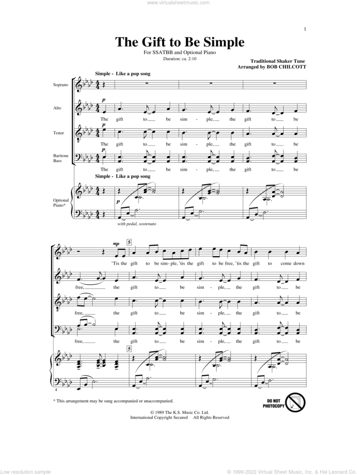 The Gift To Be Simple sheet music for choir (SATB: soprano, alto, tenor, bass) by The King's Singers and Bob Chilcott, intermediate skill level