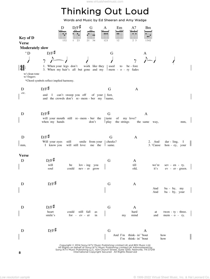 Thinking Out Loud sheet music for guitar solo (lead sheet) by Ed Sheeran and Amy Wadge, wedding score, intermediate guitar (lead sheet)