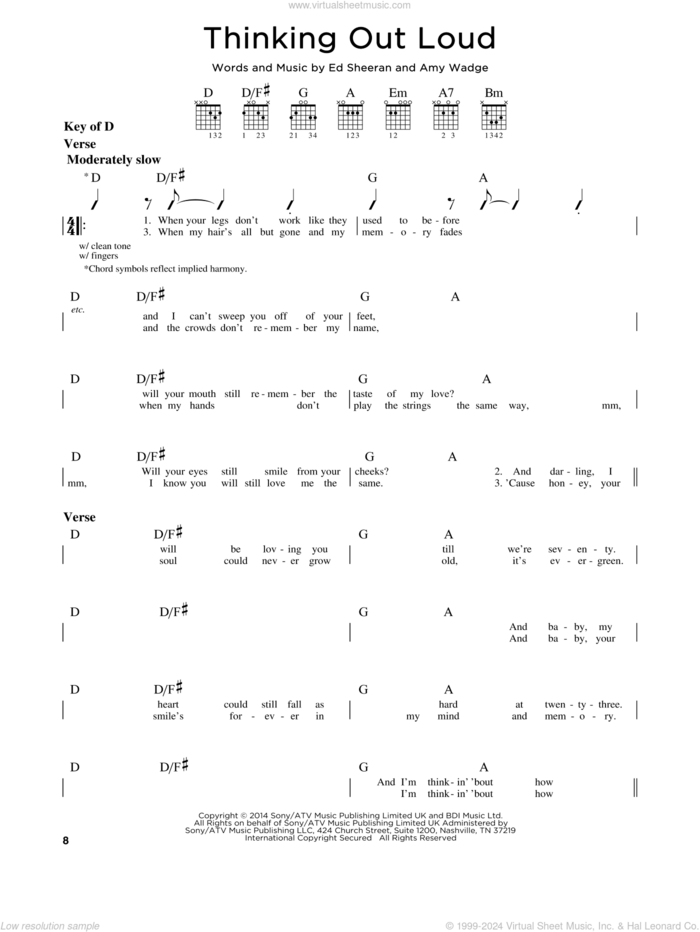 Thinking Out Loud sheet music for guitar solo (lead sheet) by Ed Sheeran and Amy Wadge, wedding score, intermediate guitar (lead sheet)