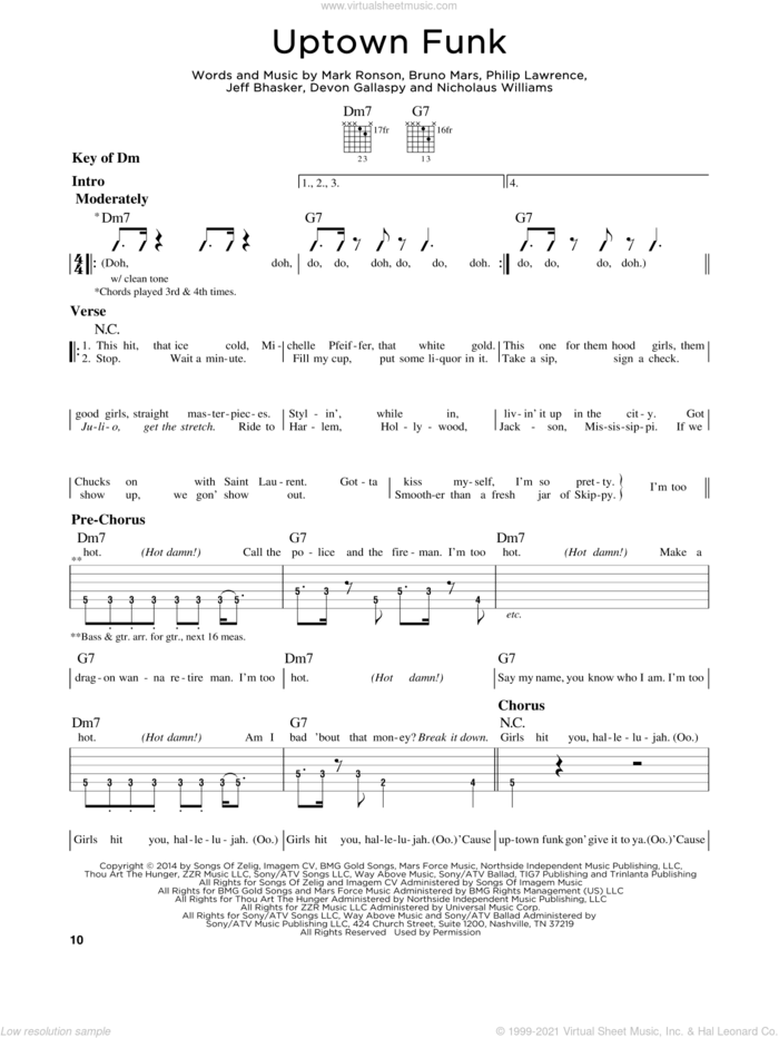 Uptown Funk (feat. Bruno Mars) sheet music for guitar solo (lead sheet) by Mark Ronson, Mark Ronson ft. Bruno Mars, Bruno Mars, Devon Gallaspy, Jeff Bhasker, Nicholaus Williams and Philip Lawrence, intermediate guitar (lead sheet)