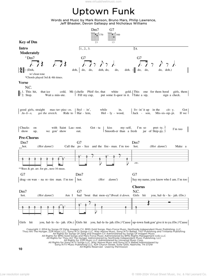 Uptown Funk (feat. Bruno Mars) sheet music for guitar solo (lead sheet) by Mark Ronson, Mark Ronson ft. Bruno Mars, Bruno Mars, Devon Gallaspy, Jeff Bhasker, Nicholaus Williams and Philip Lawrence, intermediate guitar (lead sheet)