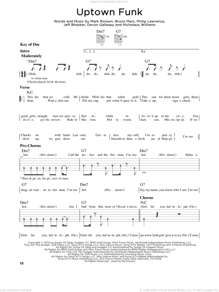 Uptown Funk (feat. Bruno Mars) sheet music for guitar solo (lead sheet) by Mark Ronson, Mark Ronson ft. Bruno Mars, Bruno Mars, Devon Gallaspy, Jeff Bhasker, Nicholaus Williams and Philip Lawrence, intermediate guitar (lead sheet)