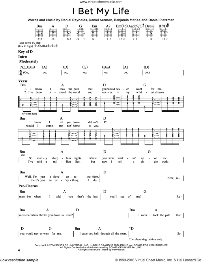 I Bet My Life sheet music for guitar solo (lead sheet) by Imagine Dragons, Benjamin McKee, Daniel Platzman, Daniel Reynolds and Daniel Sermon, intermediate guitar (lead sheet)