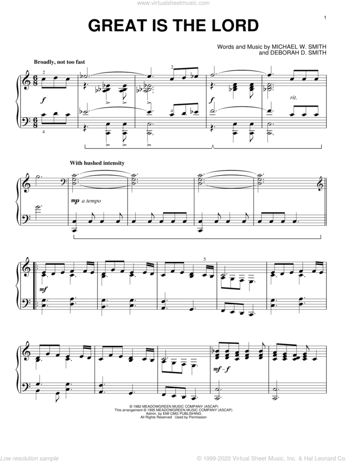 Great Is The Lord sheet music for piano solo by Michael W. Smith and Deborah D. Smith, intermediate skill level