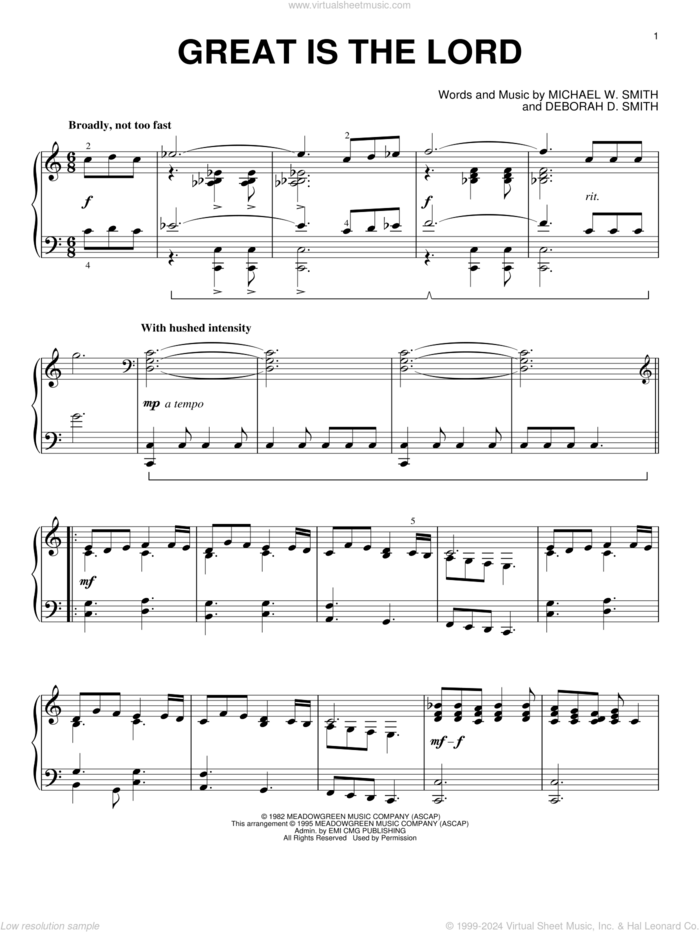 Great Is The Lord sheet music for piano solo by Michael W. Smith and Deborah D. Smith, intermediate skill level