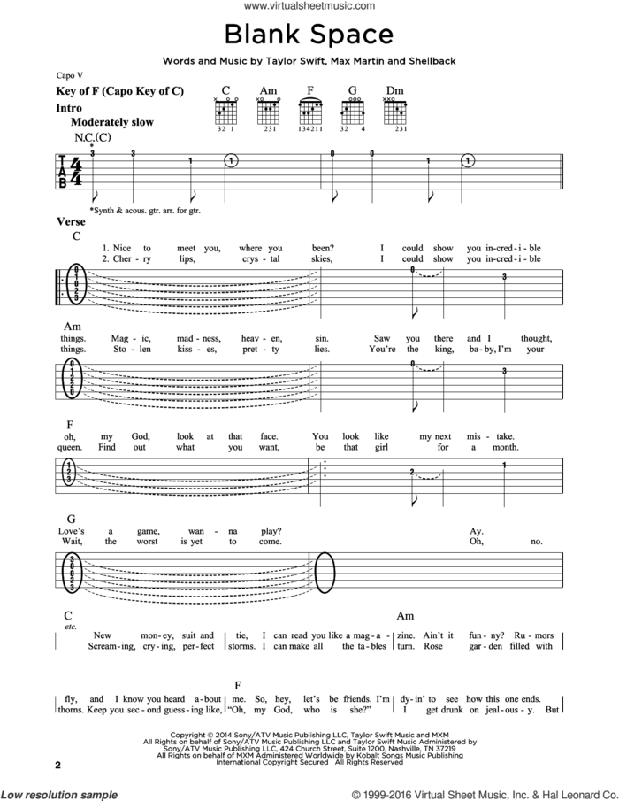 Blank Space sheet music for guitar solo (lead sheet) by Taylor Swift, Johan Schuster, Max Martin and Shellback, intermediate guitar (lead sheet)