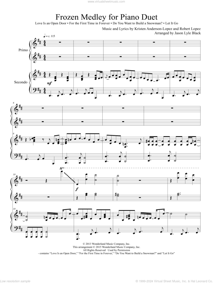 'Frozen' Piano Medley (arr. Jason Lyle Black) sheet music for piano four hands by Robert Lopez, Jason Lyle Black, Kristen Anderson-Lopez, Kristen Anderson-Lopez & Robert Lopez and Kristen Bell, Agatha Lee Monn & Katie Lopez, intermediate skill level