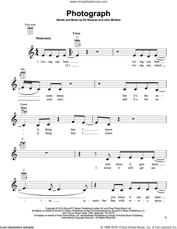 Photograph sheet music for ukulele by Ed Sheeran and John McDaid, intermediate skill level