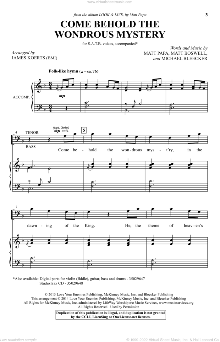 Come Behold The Wondrous Mystery sheet music for choir (SATB: soprano, alto, tenor, bass) by James Koerts, Matt Boswell, Matt Papa and Michael Bleecker, intermediate skill level