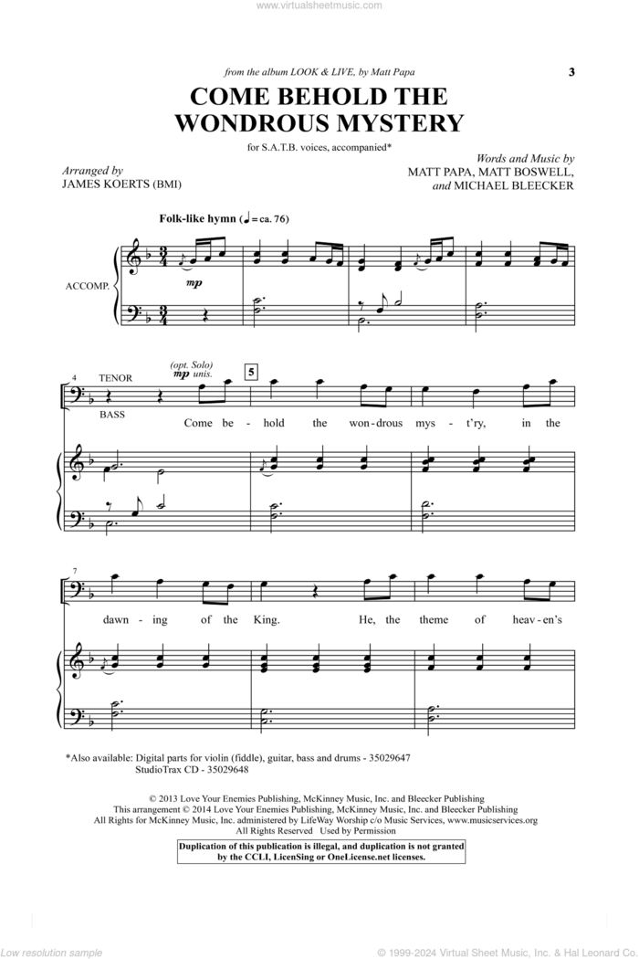 Come Behold The Wondrous Mystery sheet music for choir (SATB: soprano, alto, tenor, bass) by James Koerts, Matt Boswell, Matt Papa and Michael Bleecker, intermediate skill level