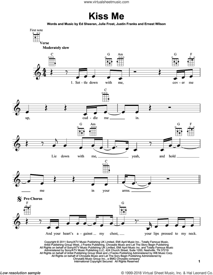 Kiss Me sheet music for ukulele by Ed Sheeran, Ernest Wilson, Julie Frost and Justin Franks, intermediate skill level